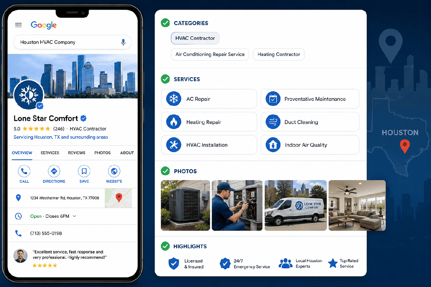 Optimized Google Business Profile for a Houston business showing categories, services and photos