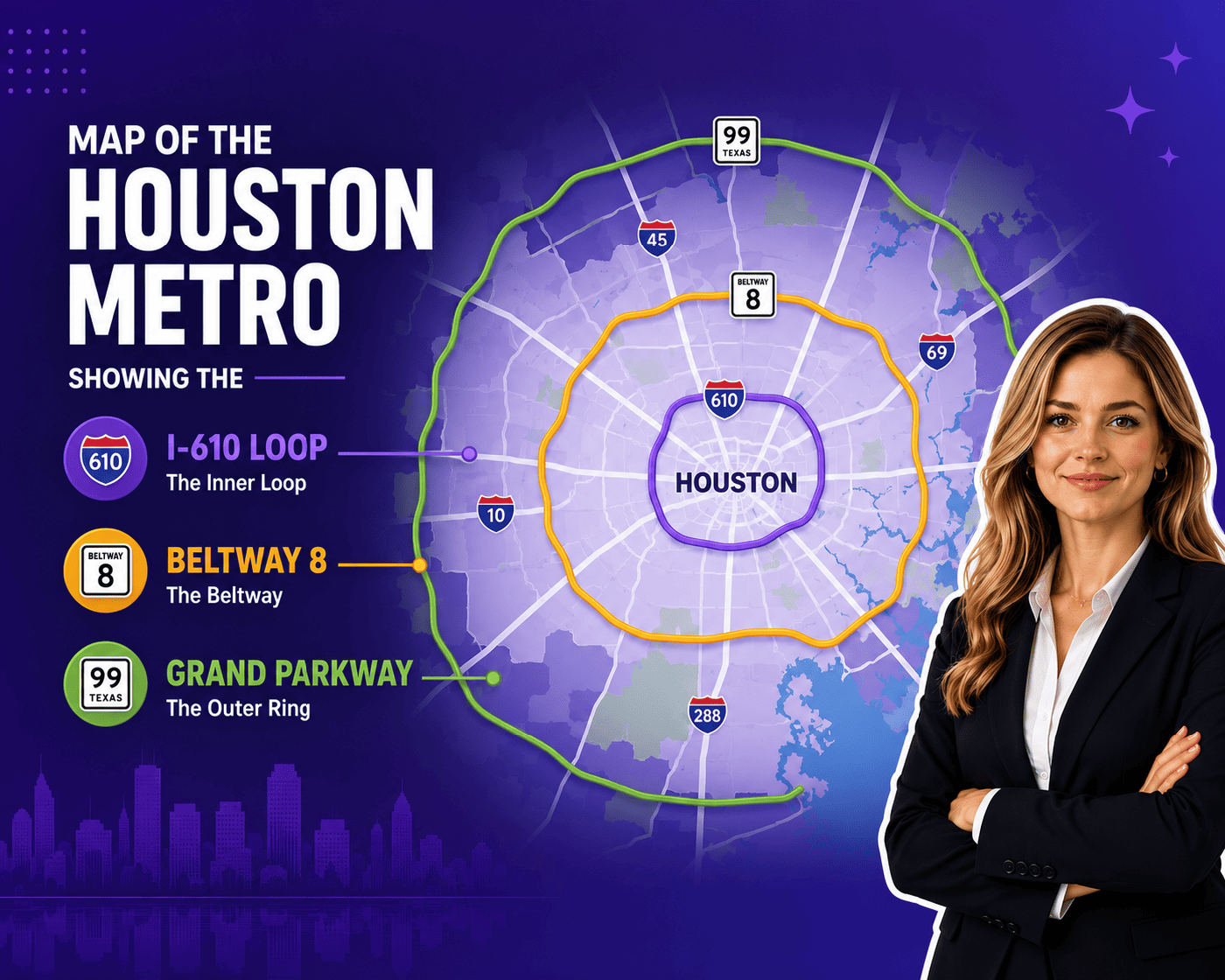 Map of the Houston metro showing the I-610 Loop, Beltway 8, and Grand Parkway rings