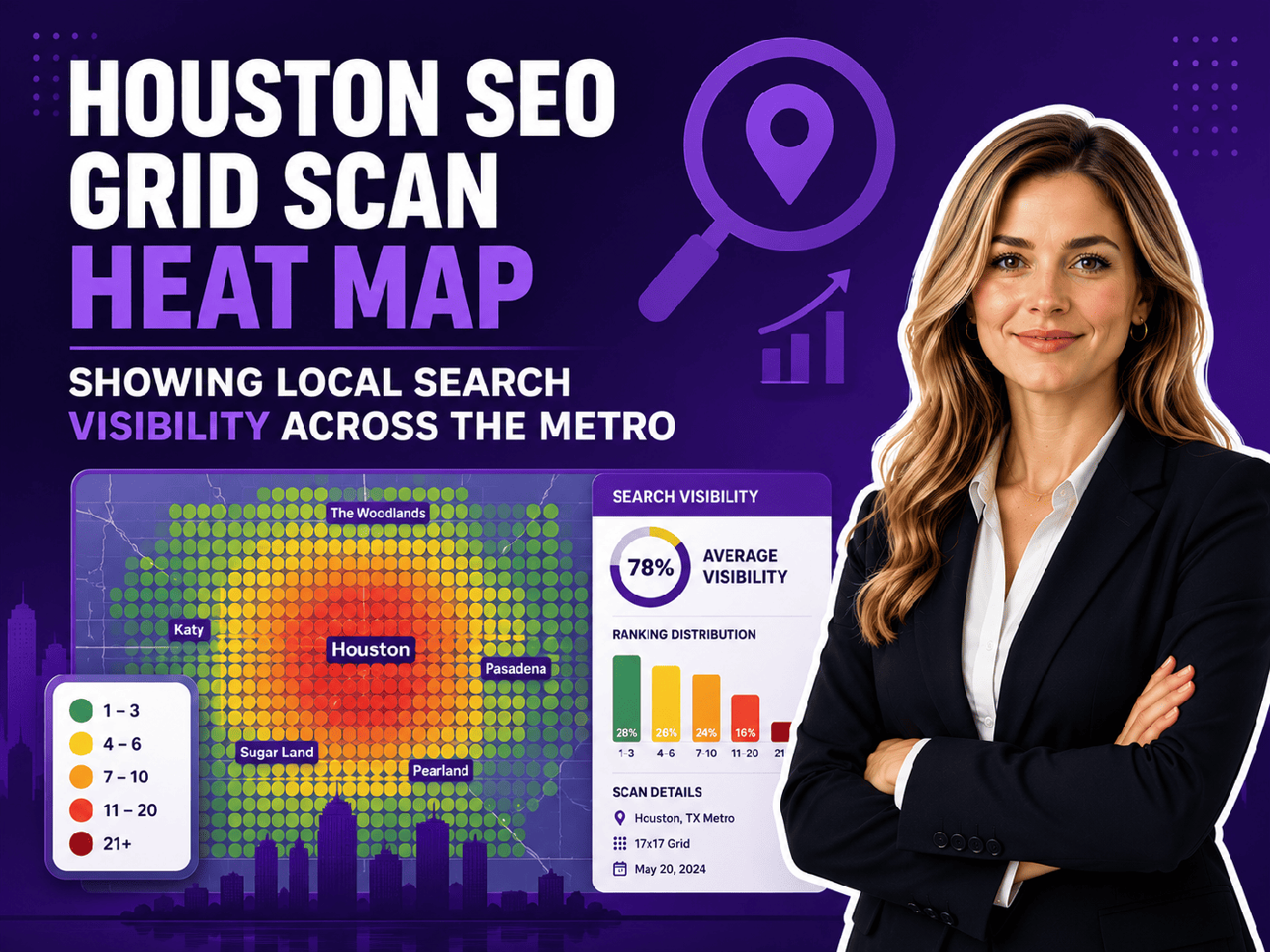 Houston SEO grid scan heat map showing local search visibility across the metro