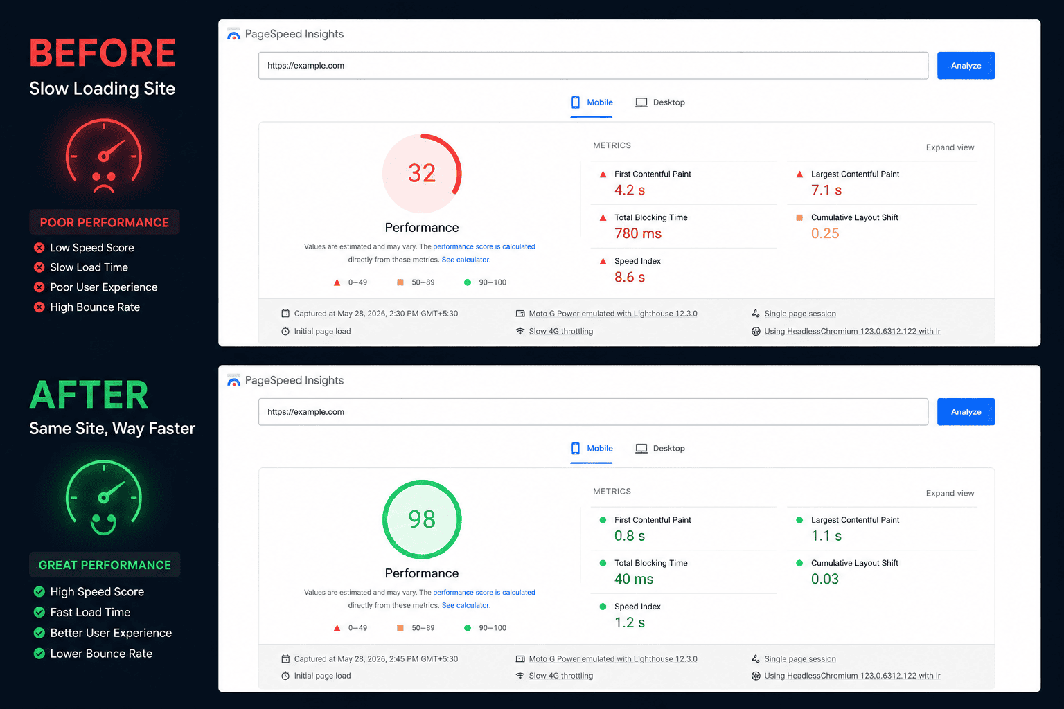 Mobile page speed comparison for a Houston business website before and after rebuild