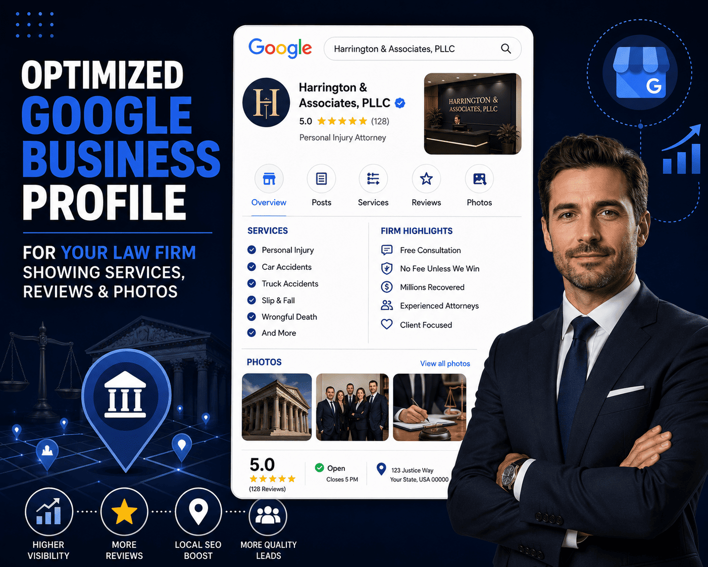Google Business Profile and local pack visibility for a law firm before and after category and service corrections